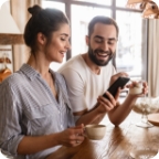 Couple drink coffee at a dining room table, woman looks at her phone.